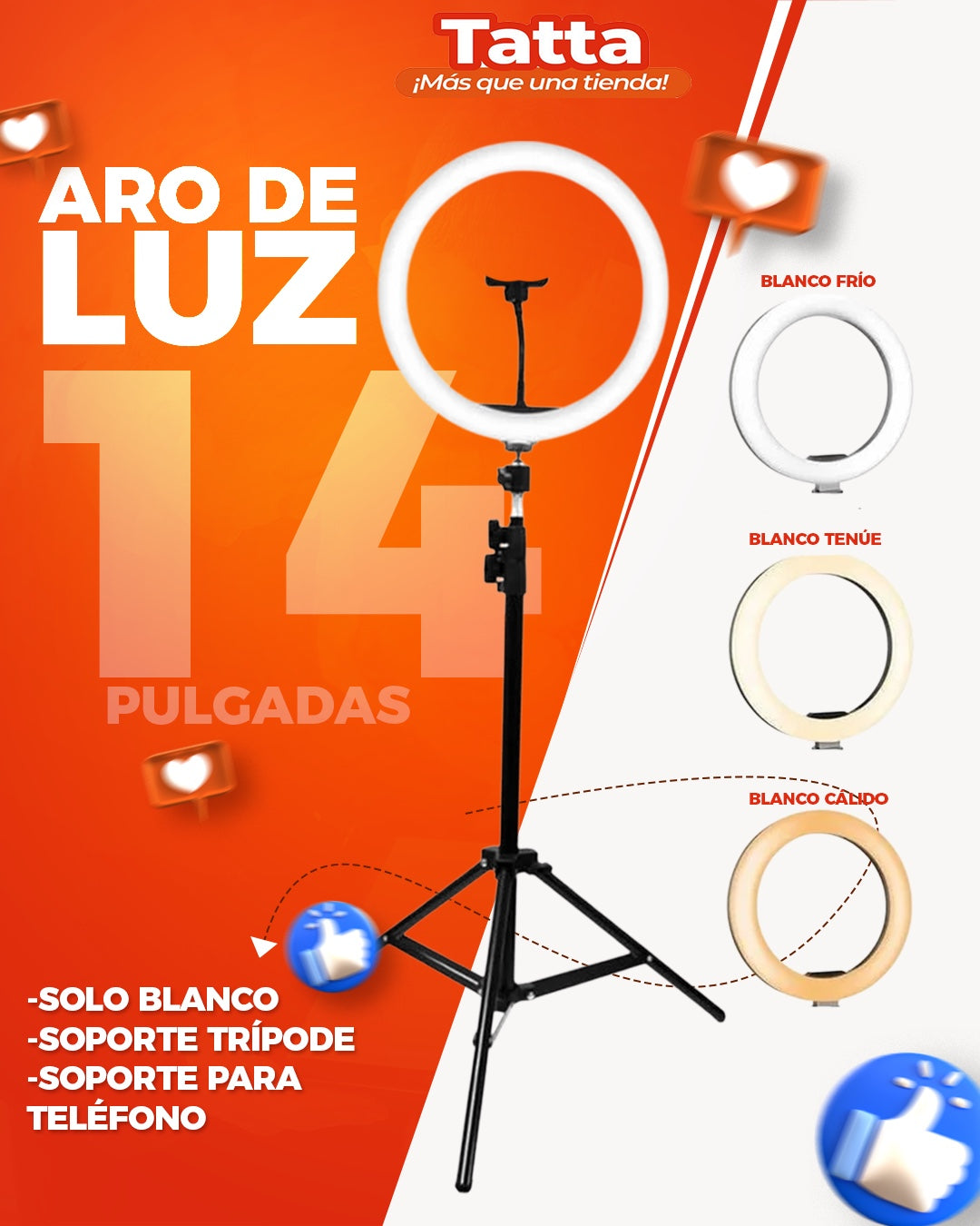 Aro de luz 14" con tripode 210cm